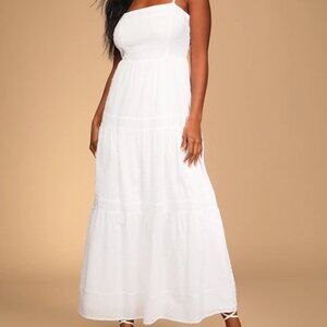 NWT // Lulus Cottagecore white with Pink Swiss Dot Tiered Maxi Sundress | M